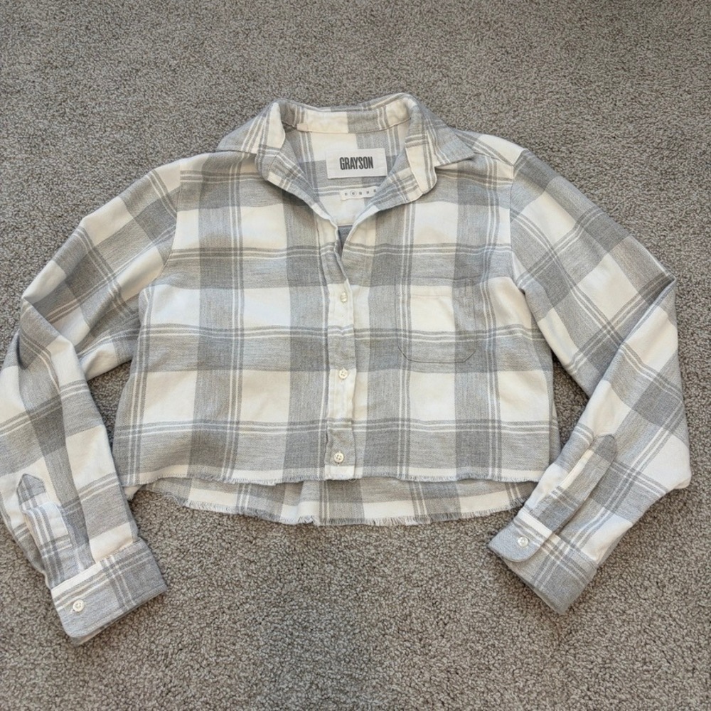 Grayson Frank and Eileen Hero Plaid Flannel Shirt Cropped Sz S Gray Fall Cozy